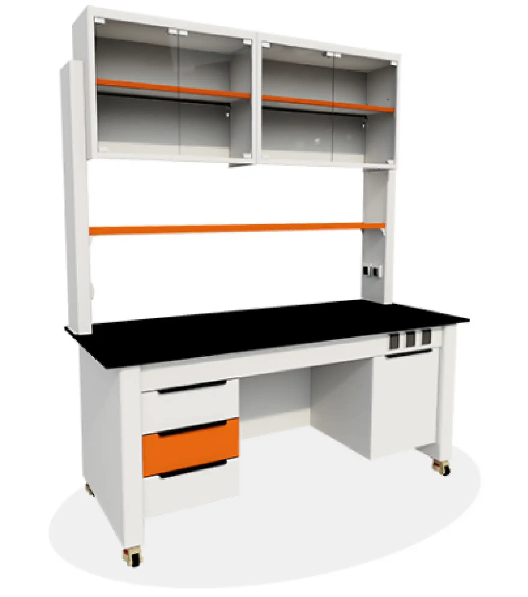 How do I maintain lab tables with hanging cabinets?